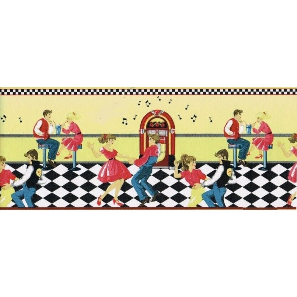 New Vintage Wallpaper Border "HAPPY DAYS" 50's Kitchen Diner Jukebox Rock & Roll